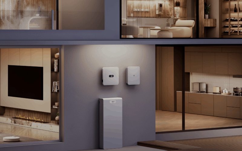 Nowy magazyn energii Huawei LUNA2000-S1 z falownikiem i SmartGuard na ścianie nowoczesnego domu