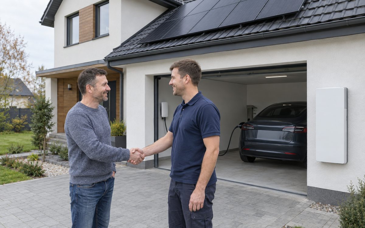 Właściciel domu i instalator przy garażu z ładowanym autem elektrycznym; na ścianie magazyn energii