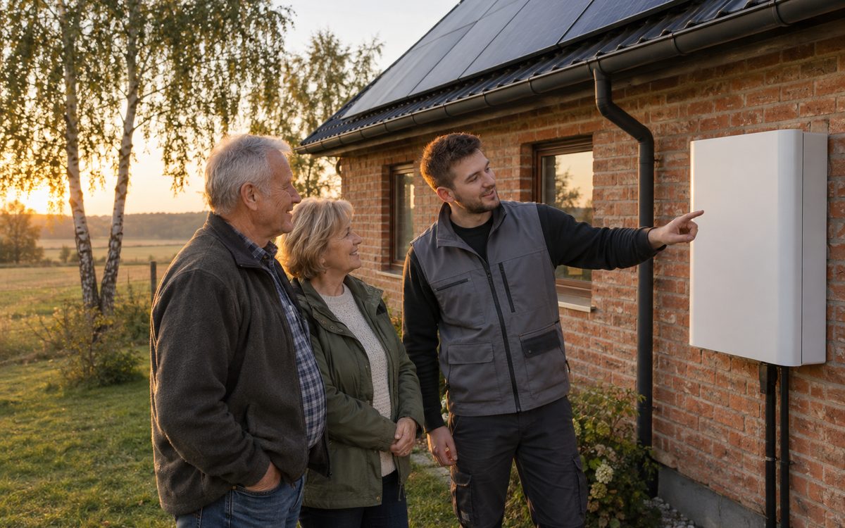Starsze małżeństwo z instalatorem przed domem z fotowoltaiką; instalator pokazuje magazyn energii na ścianie